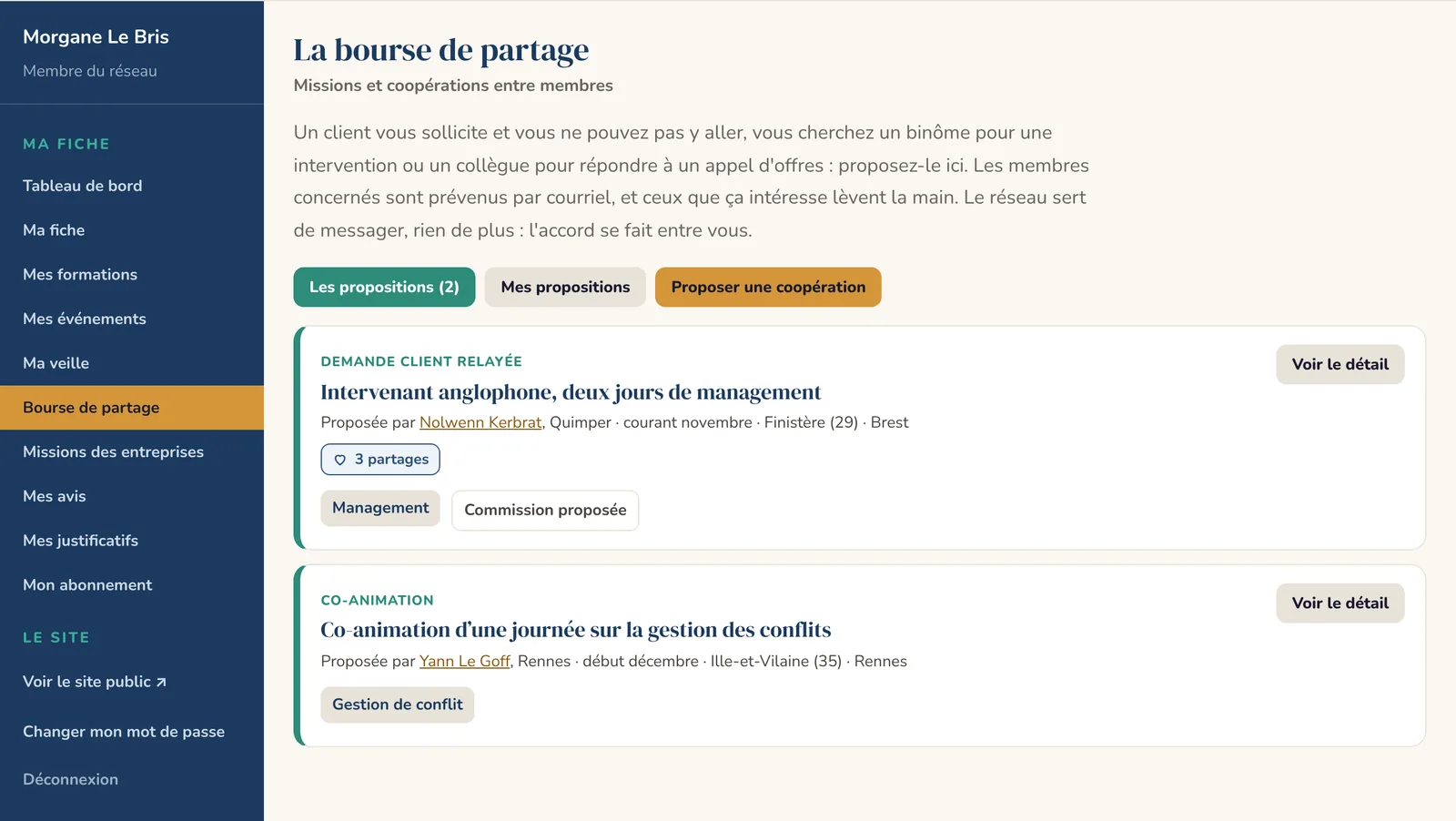 Une proposition dans la bourse de partage, avec des contenus d'exemple.