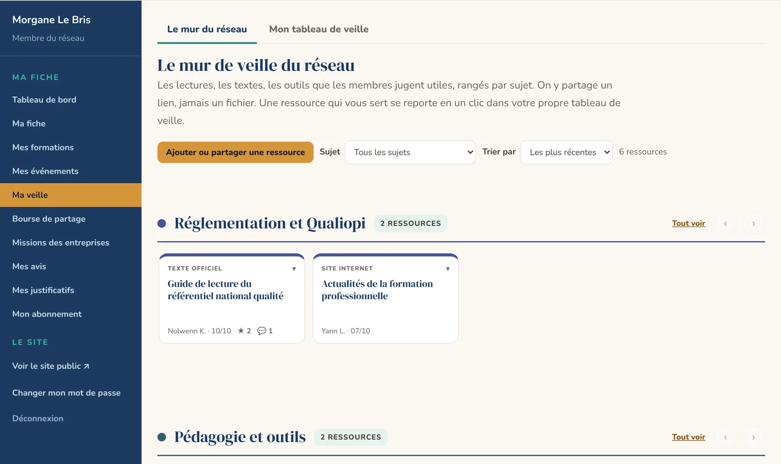 Le mur de veille du réseau, avec des contenus d'exemple.